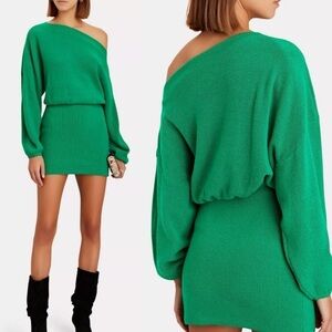 THE SEI Off Shoulder Asymmetrical Neck Knit Sweater Dress In Green Size P/XS NWT